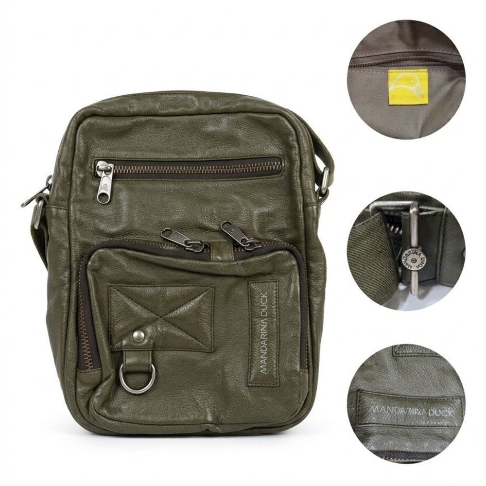 Mandarina Duck Leather Crossbody Bag Olive Green Messenger Tactical Travel